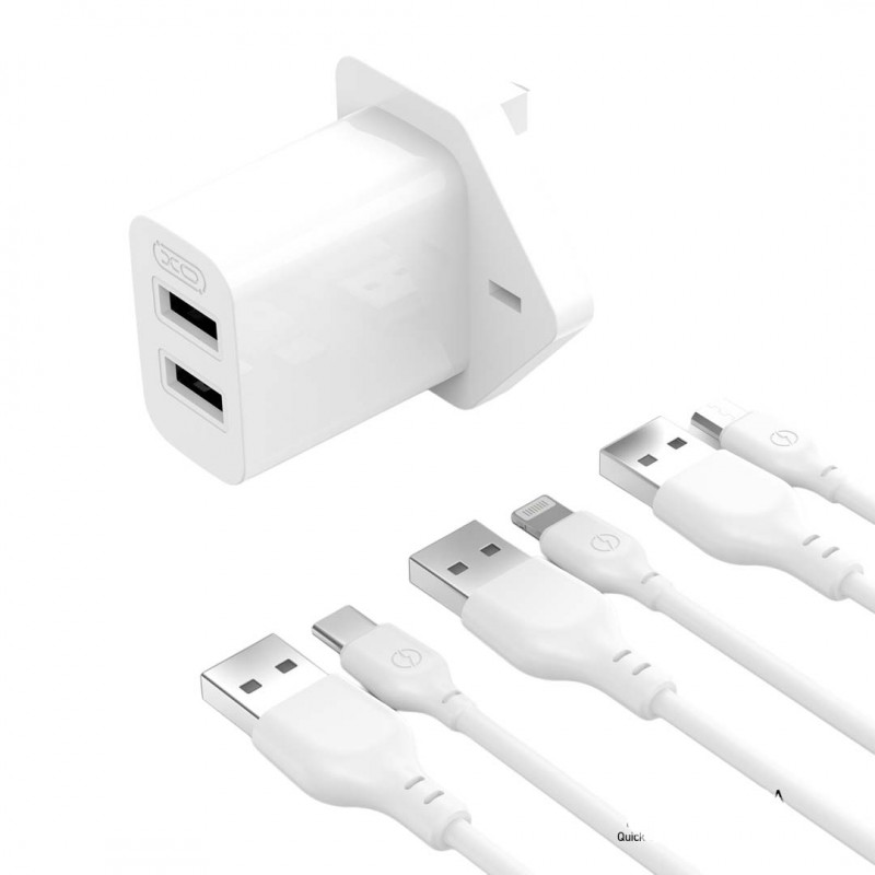 XO L109 (UK) Dual USB-A 2.4A Charger with Type-C cable